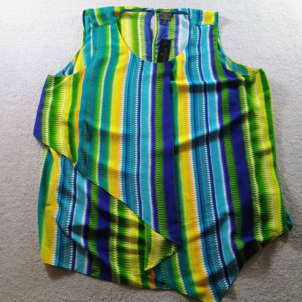 Worthington Woman 2X Sleeveless Layered Front Striped Blue Green Yellow Blouse